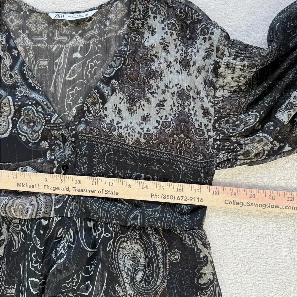 ZARA Boho Paisley Tiered Mini Dress Size M Sheer Long Sleeve Babydoll Tunic - Picture 16 of 16